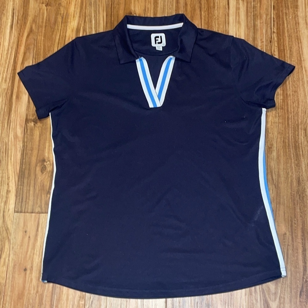 FootJoy womens large shirt top polo golf athletic navy blue white moisture wick